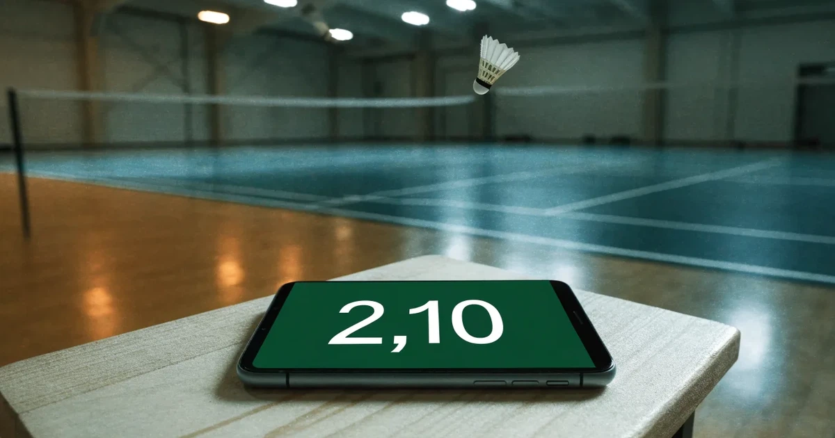 Eine leere Badmintonhalle mit gespanntem Netz und hellen Hallenlichtern, ein Federball liegt auf dem Hallenboden.