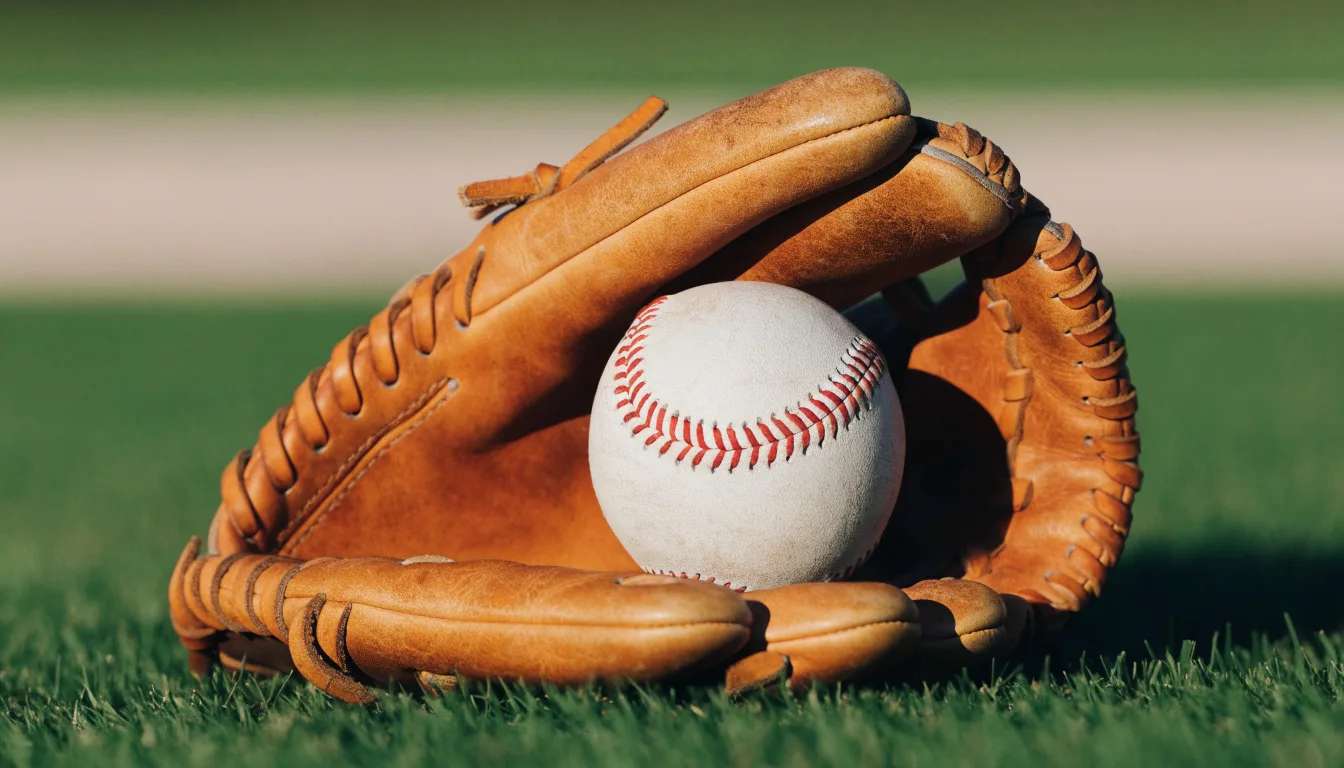 Ein weißer Baseball und ein Lederhandschuh liegen auf kurz geschnittenem Gras, im Hintergrund eine verschwommene Spielfeldbande.