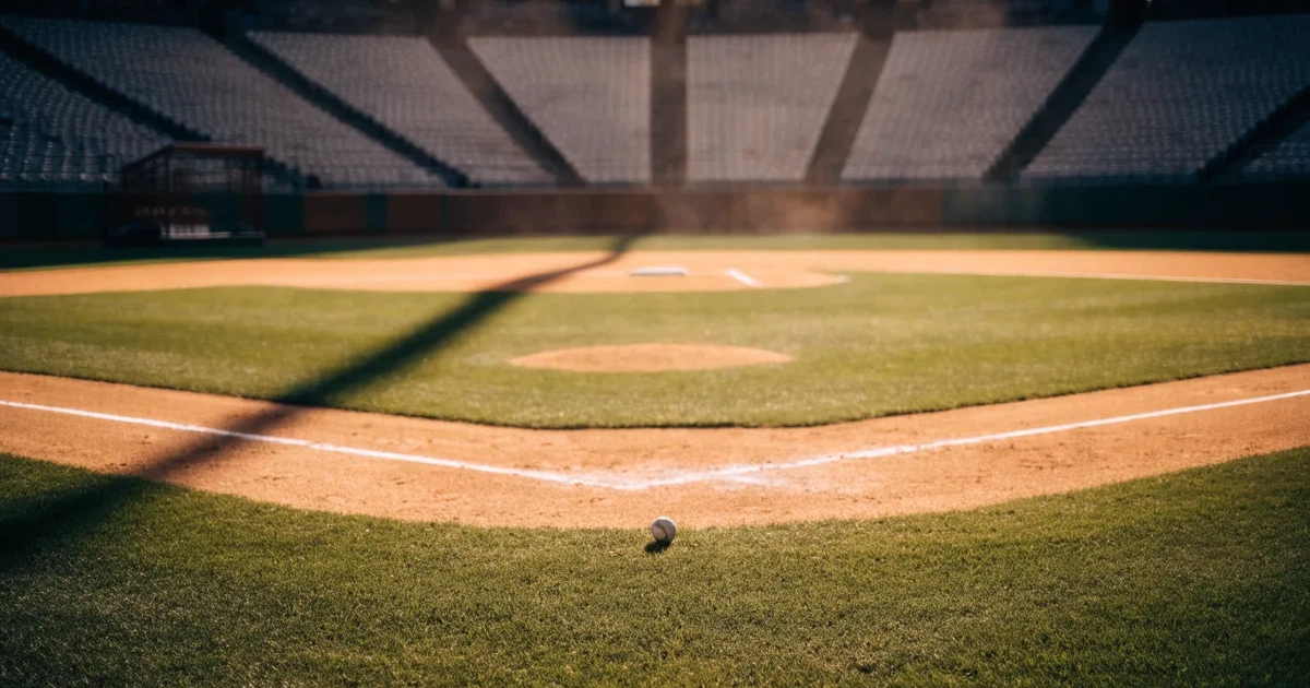 Ein Baseballfeld mit dem hellbraunen Infield und gepflegtem Rasen, von der Tribüne aus gesehen, die Ränge leer, tiefe Abendsonne.