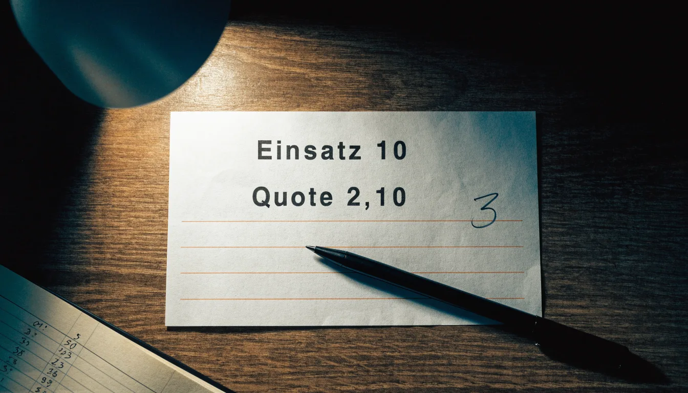 Ein leerer Papierwettschein, ein Kugelschreiber und ein Taschenrechner liegen auf einem Holztisch, warmes Licht einer Schreibtischlampe.