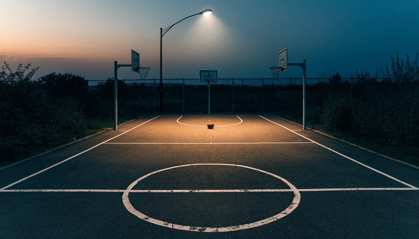 Ein Freiluft-Basketballplatz am Abend mit Asphalt, Linien und zwei Körben unter einer Straßenlaterne.
