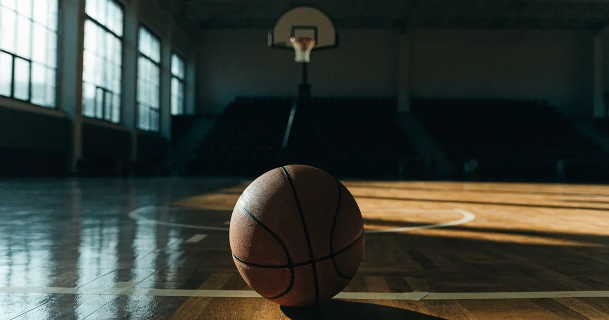 Ein Basketball liegt unter dem Korb auf dem Parkett einer leeren Sporthalle, Licht fällt durch hohe Fenster.