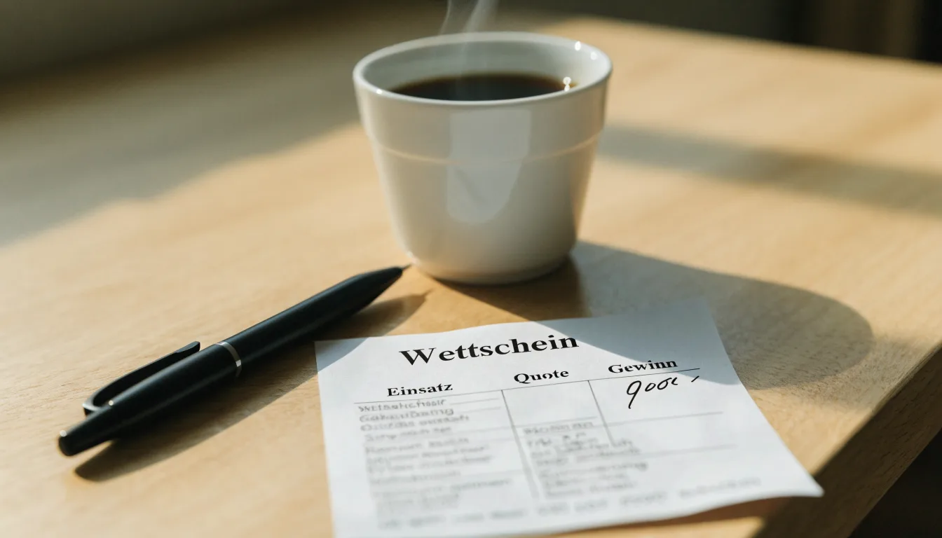 Ein leerer Wettschein aus Papier liegt neben einem Kugelschreiber und einer Tasse auf einem hellen Holztisch.