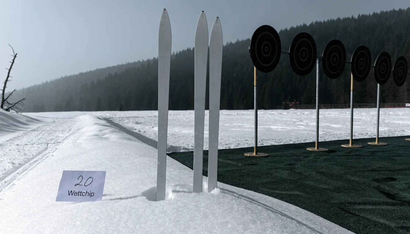 Ein Paar Langlaufskier steckt aufrecht im Schnee neben einem leeren Schießstand mit runden Zielscheiben, kaltes Winterlicht.