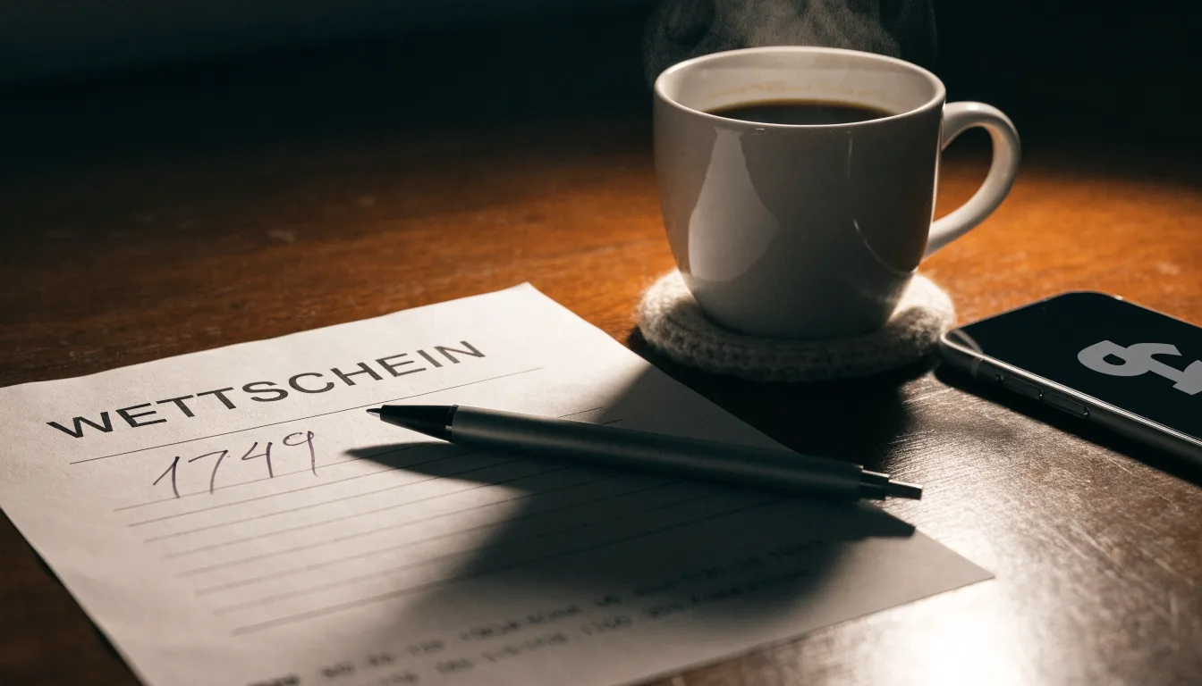 Ein leerer Papierwettschein und ein Kugelschreiber liegen auf einem Holztisch neben einer Tasse, warmes Licht einer Lampe.