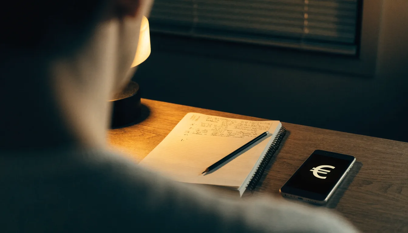 Ein Notizbuch mit handschriftlichen Notizen und ein Bleistift liegen neben einer Tischlampe auf einem Schreibtisch, ruhiges Abendlicht.