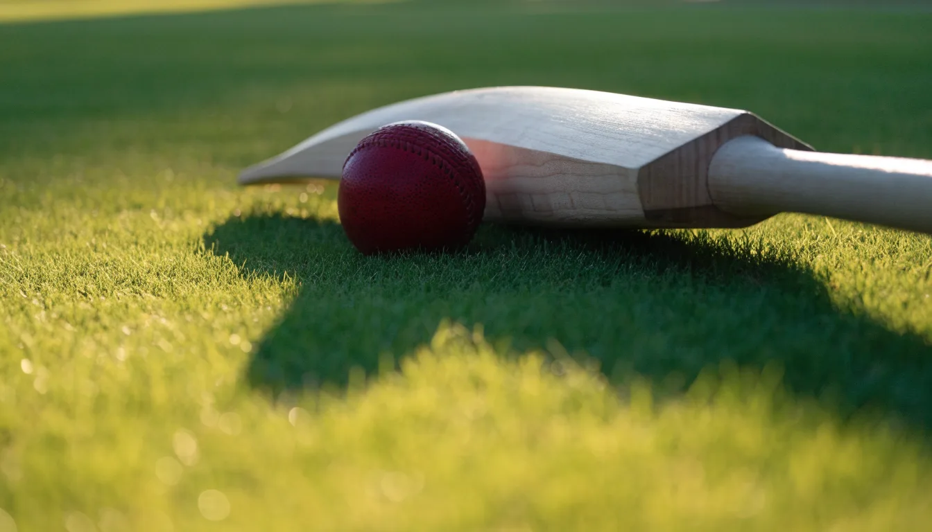 Ein Cricketschläger aus hellem Holz und ein roter Lederball liegen auf kurzem Rasen, weiches Abendlicht.
