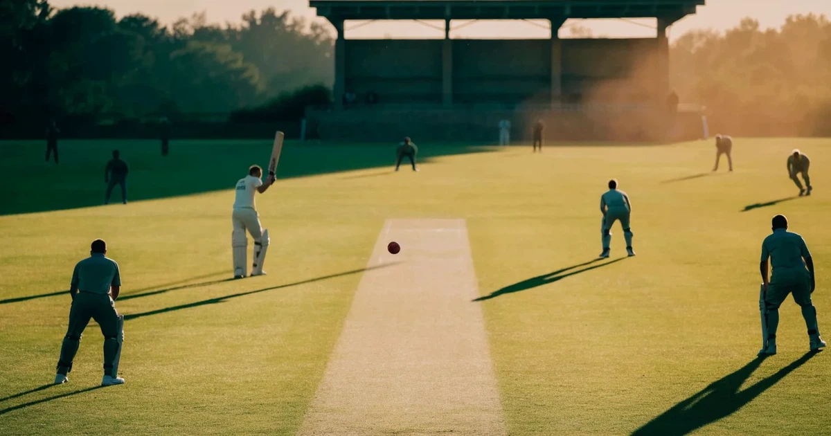 Ein weites grünes Cricketfeld mit einem hellen Streifen in der Mitte, tief stehende Sonne, im Hintergrund eine leere Tribüne.
