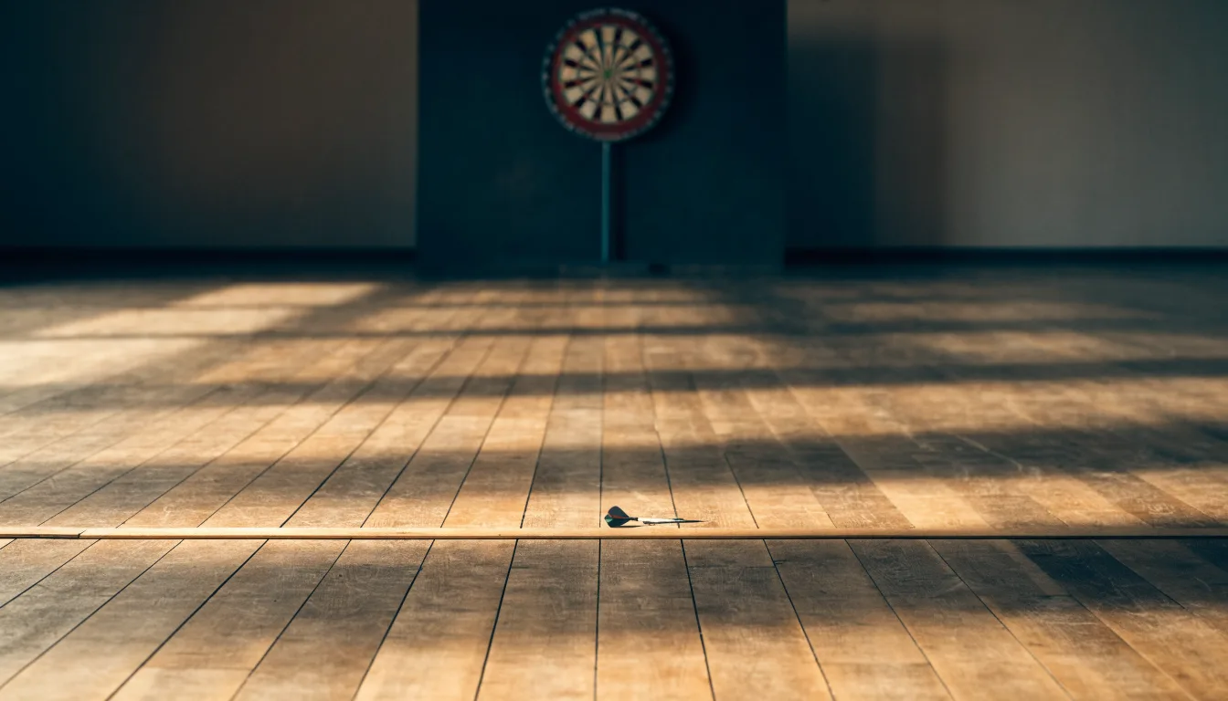 Eine Wurflinie aus Holz auf dem Hallenboden, im Hintergrund in der Ferne eine Dartscheibe an der Wand.