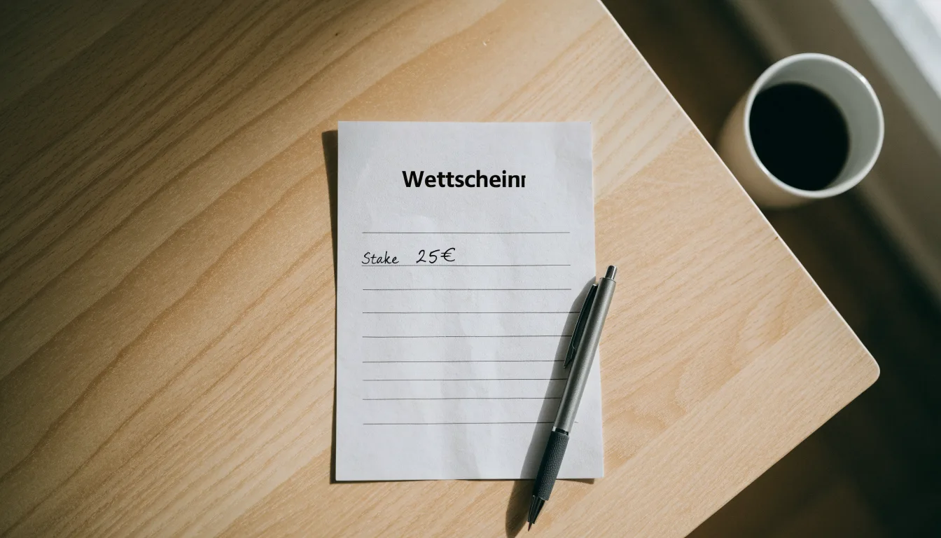 Ein leerer Wettschein aus Papier liegt neben einem Kugelschreiber und einer Tasse auf einem hellen Holztisch.