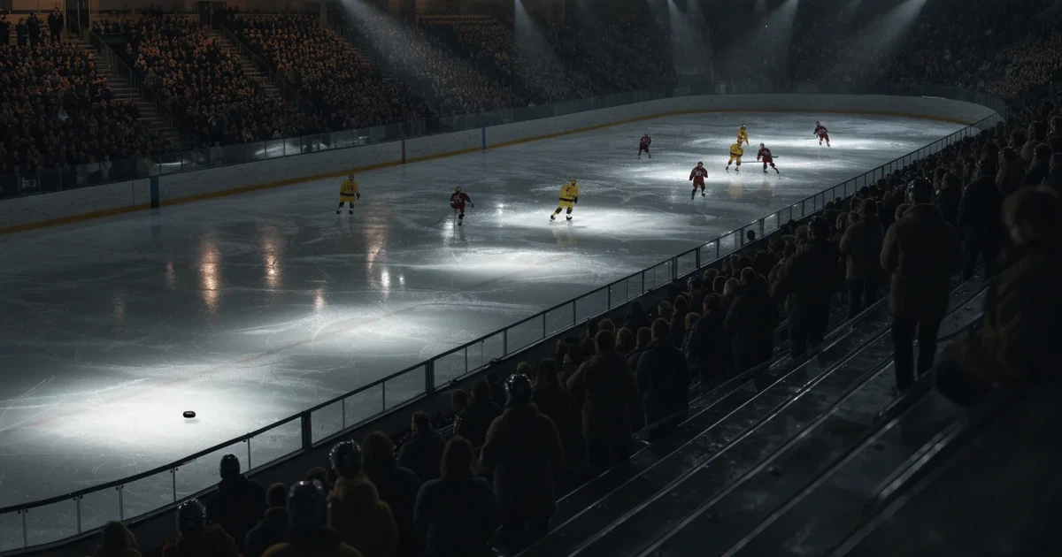 Eine Eishockeyhalle von der Tribüne aus gesehen, spiegelglatte Eisfläche, Banden ohne Schriftzüge, helles Flutlicht.