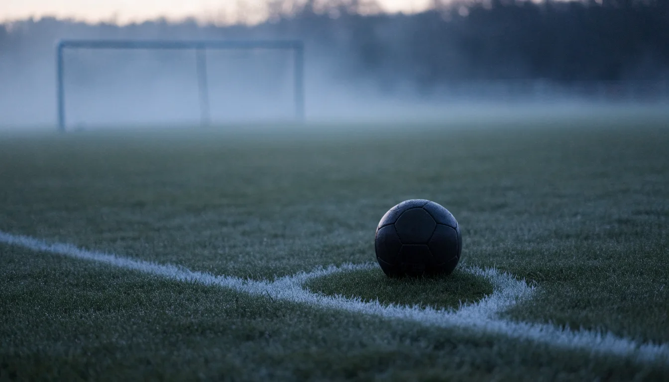Ein Fußball liegt auf dem Elfmeterpunkt eines leeren Rasenplatzes, im Hintergrund unscharf ein Tor im Morgendunst.