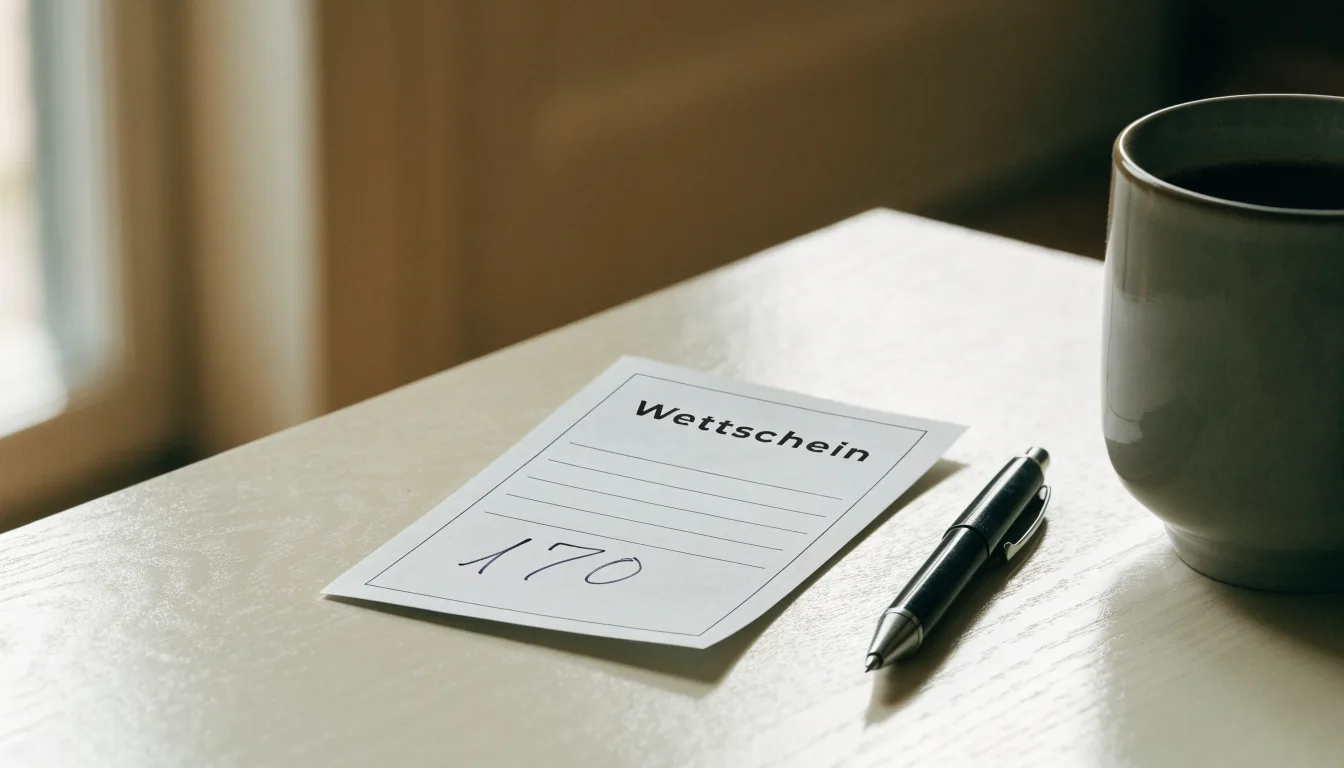 Ein leerer Wettschein aus Papier liegt neben einem Kugelschreiber und einer Tasse auf einem hellen Holztisch.