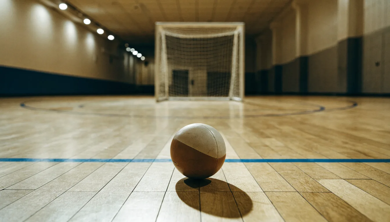 Ein kleiner schwerer Ball liegt in einer Halle auf dem Parkett vor einem Tor, warmes Licht aus den Deckenstrahlern.