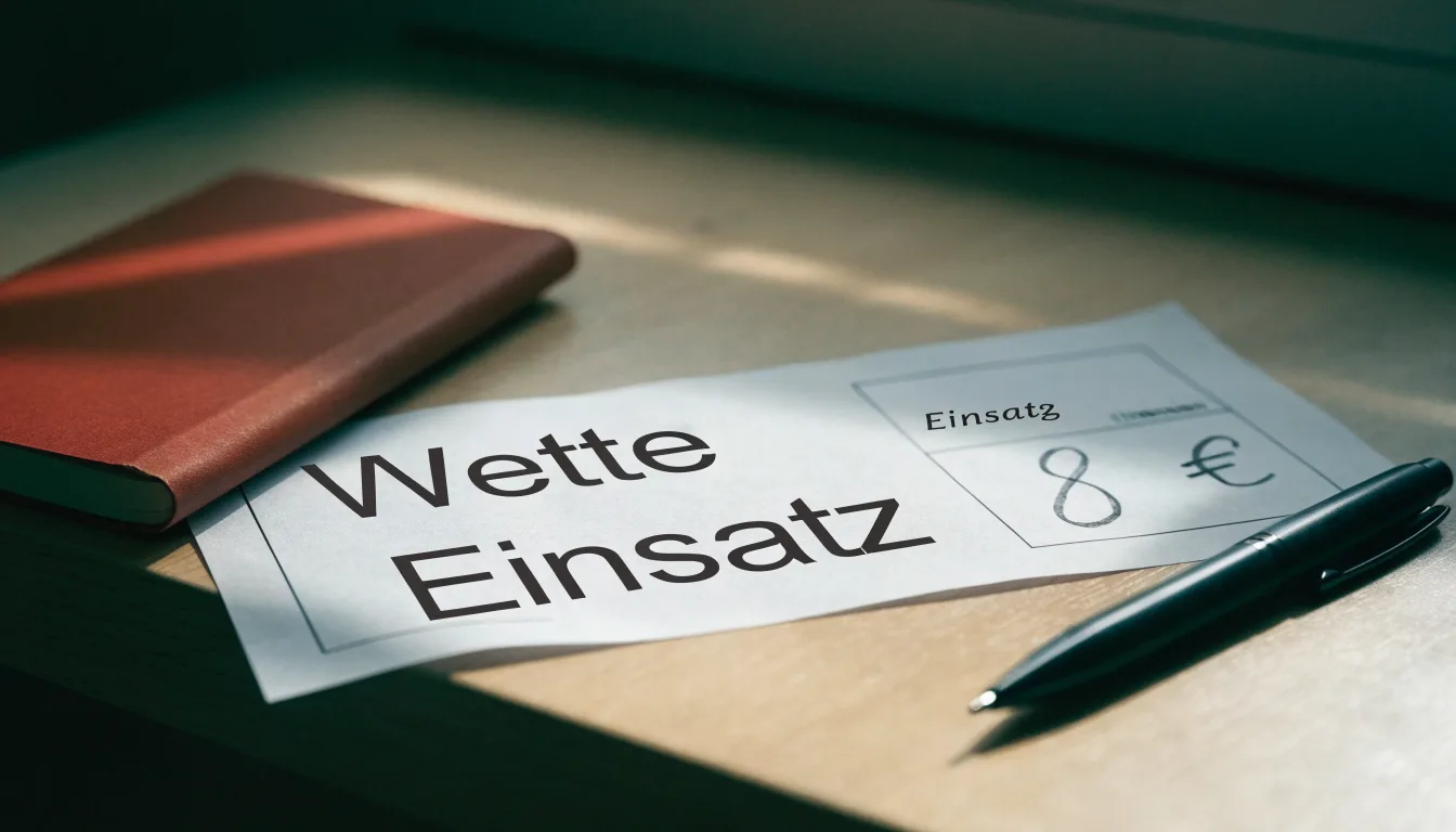 Ein leerer Papierwettschein und ein Kugelschreiber liegen auf einer glatten Schreibtischplatte neben einem Notizbuch.