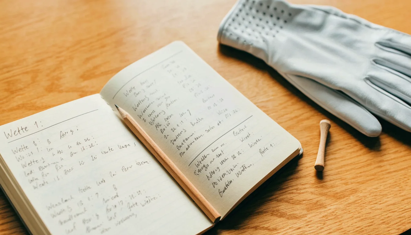 Ein Notizbuch mit handschriftlichen Notizen und ein Bleistift liegen neben einem Golfhandschuh und einem Tee auf einem Holztisch.
