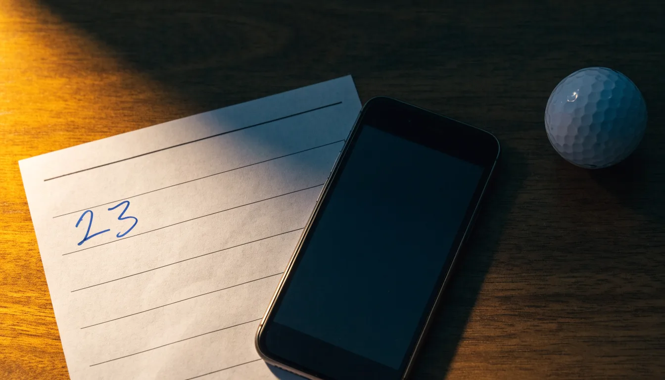 Ein leerer Wettschein aus Papier liegt neben einem Smartphone mit dunklem Display auf einem Tisch, daneben ein einzelner Golfball.