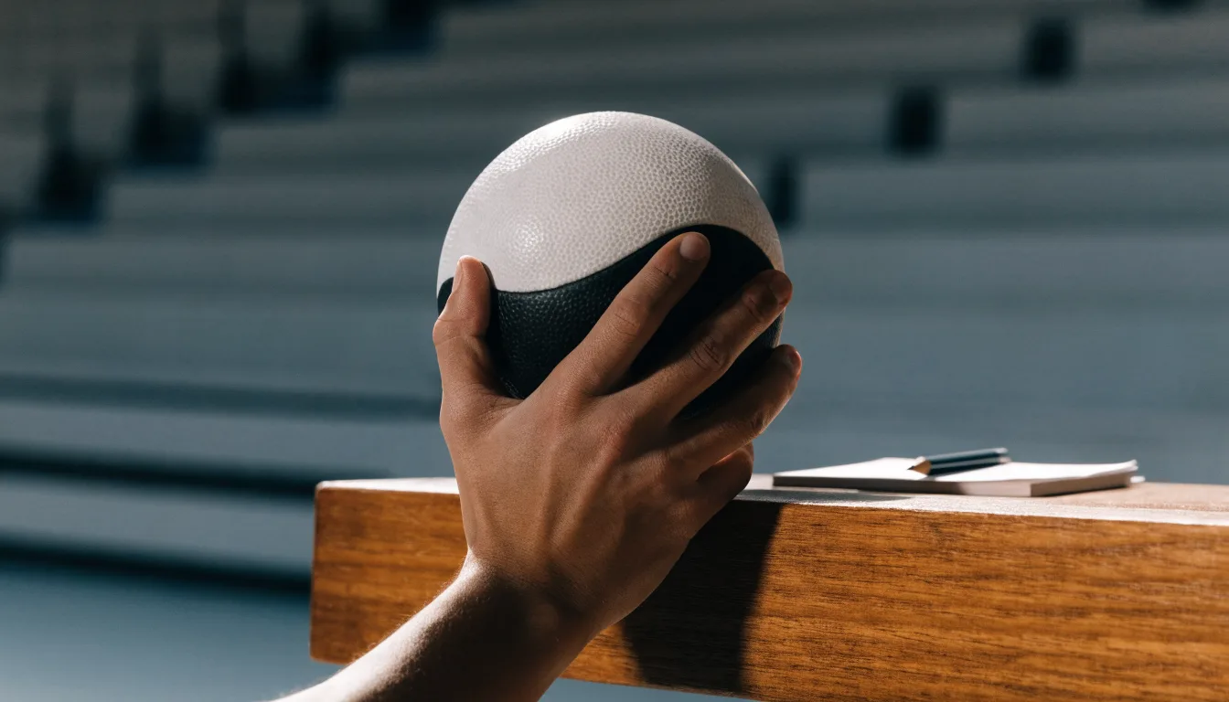 Eine Hand hält einen Handball, im Hintergrund eine unscharfe Tribüne, daneben liegt ein Notizblock auf einer Bank.