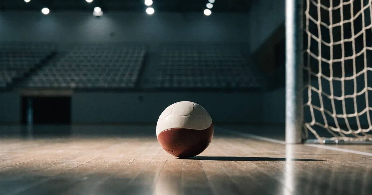 Ein Handball liegt auf dem Hallenboden vor einem Tor mit Netz, die leere Halle wird von Flutlicht beleuchtet.