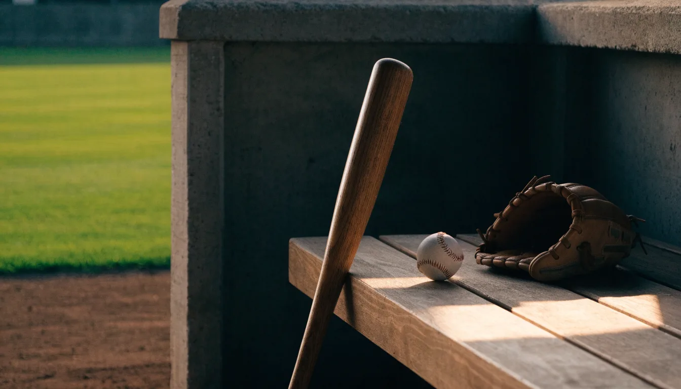 Ein Baseballschläger lehnt an einer Bank im Dugout, daneben liegen ein Handschuh und ein Ball im Licht der Nachmittagssonne.