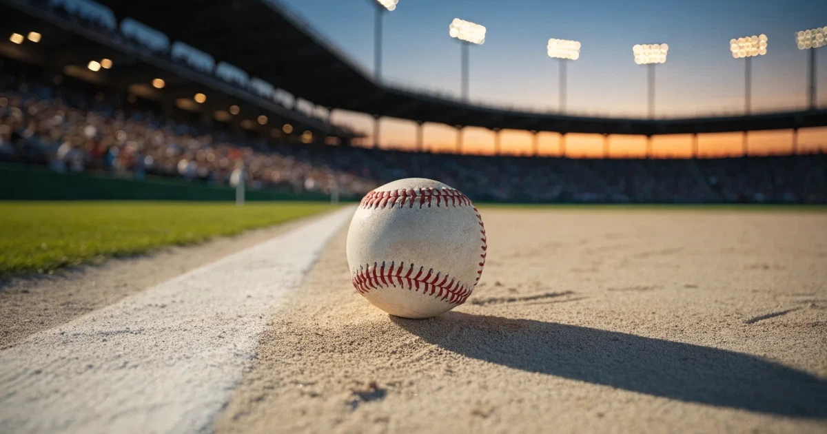 Ein Baseball liegt auf dem hellen Sand des Infields, im Hintergrund eine große Tribüne in der Abenddämmerung.