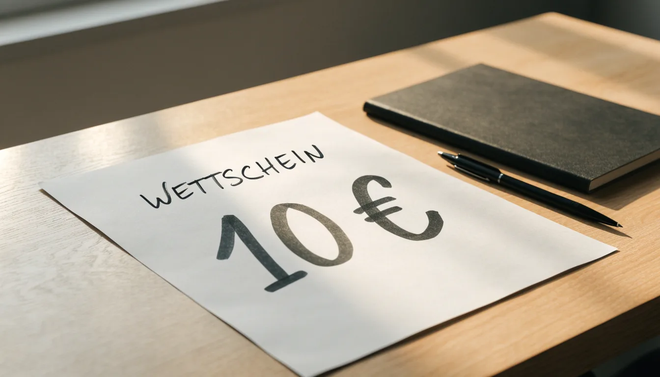 Ein leerer Wettschein aus Papier liegt neben einem Notizbuch und einem Stift auf einem aufgeräumten Schreibtisch.
