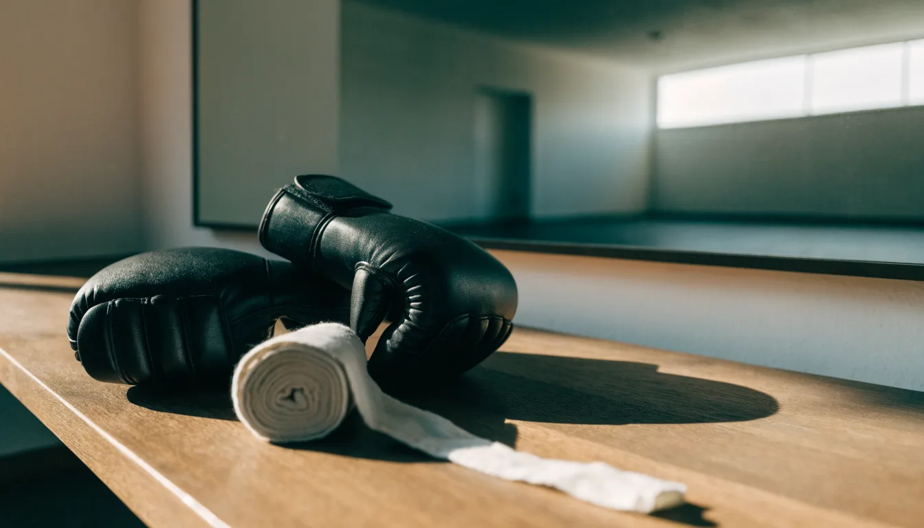 Ein Paar Kampfhandschuhe und eine Bandage liegen auf einer Holzbank in einem Trainingsraum mit Spiegelwand.