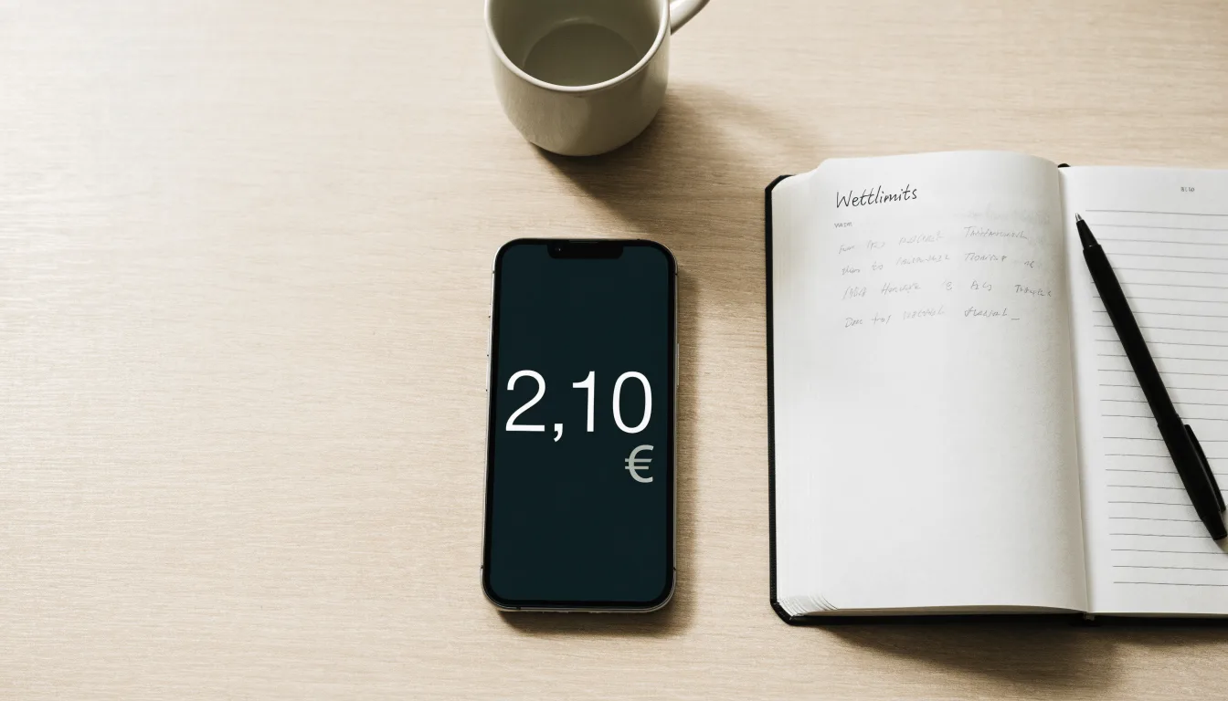 Ein Smartphone mit dunklem Display liegt neben einem Notizbuch und einem Kugelschreiber auf einem Tisch.