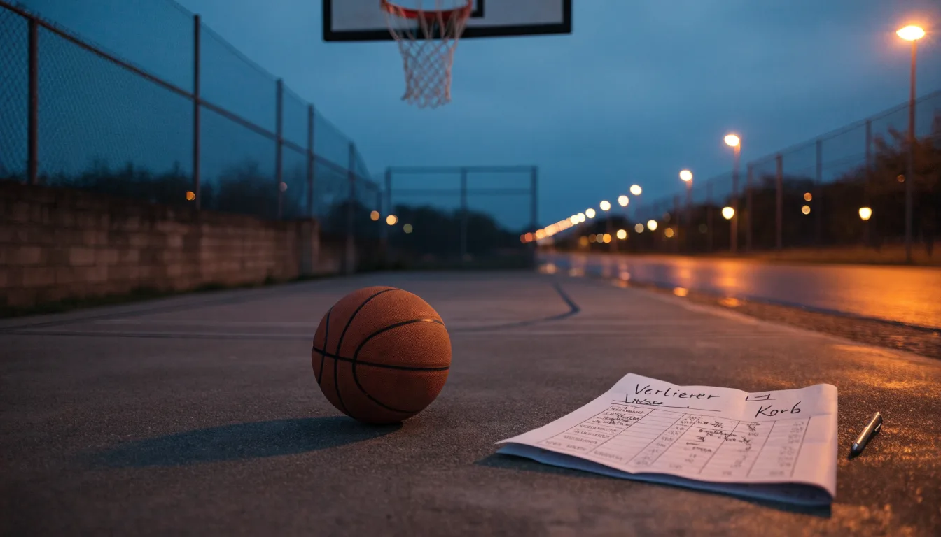 Ein Basketball rollt auf einem Freiluftplatz in der Abenddämmerung zu einem Korb, die Straßenlaternen leuchten bereits.