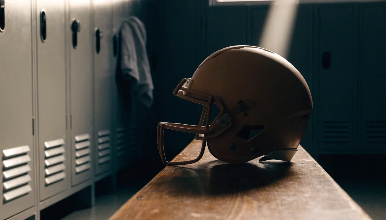 Ein neutraler Footballhelm ohne Aufdruck steht auf einer Holzbank in einer Umkleidekabine.