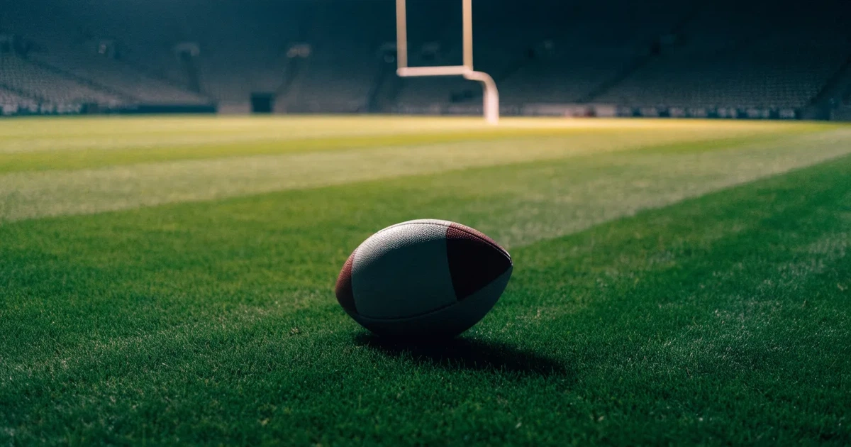 Ein American Football liegt auf dem Rasen eines leeren Stadions unter Flutlicht, die Torstangen ragen im Hintergrund auf.