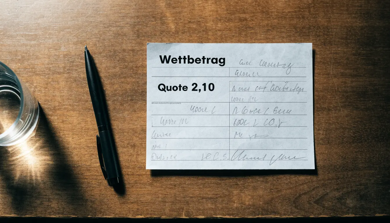 Ein leerer Wettschein aus Papier liegt neben einem Stift auf einem Tisch, daneben ein Glas Wasser.