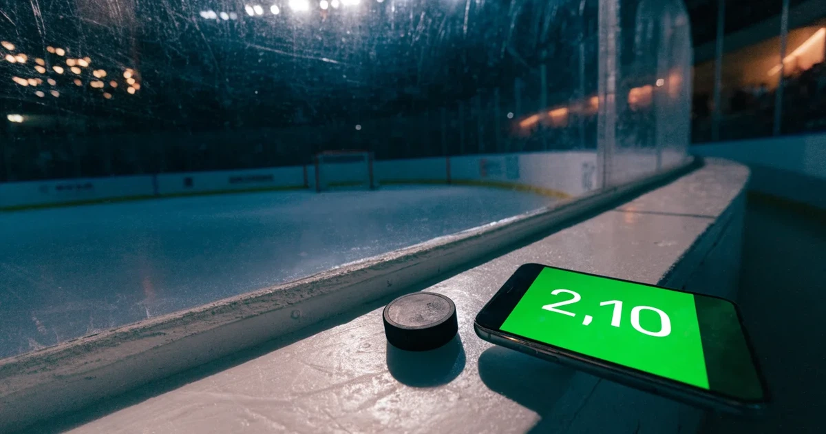 Eine leere Eisfläche in einer Halle mit Banden und Flutlicht, auf dem Eis liegt ein einzelner Puck.