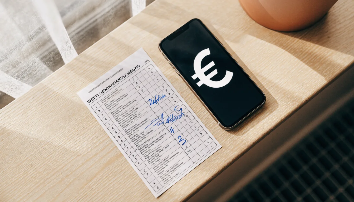 Ein leerer Wettschein aus Papier und ein Smartphone mit dunklem Display liegen auf einer Fensterbank im Tageslicht.