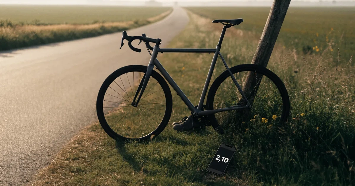 Eine Landstraße zwischen Feldern im Morgenlicht, am Straßenrand lehnt ein Rennrad ohne Aufschrift an einem Pfosten.