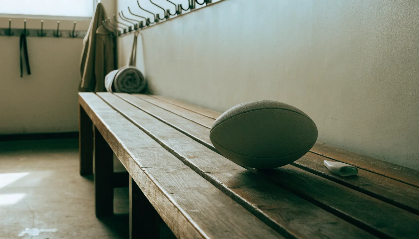Ein Rugbyball und ein Mundschutz liegen auf einer Holzbank neben einer Reihe Kleiderhaken in einer Umkleide.