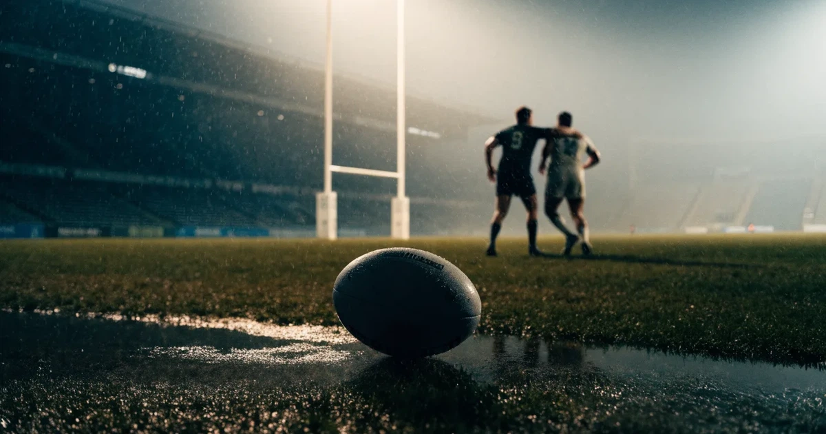 Ein ovaler Rugbyball liegt vor den hohen Torstangen auf nassem Rasen, über dem Stadion zieht Nebel auf.