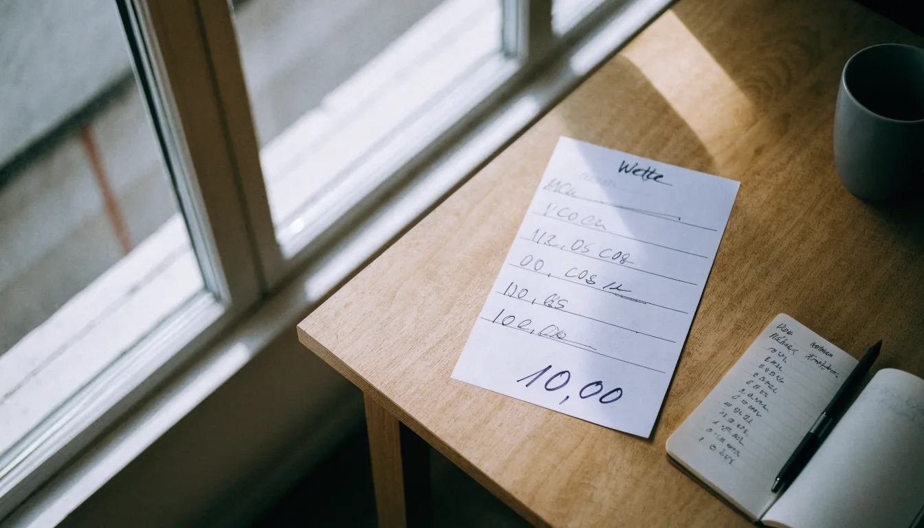 Ein leerer Wettschein aus Papier liegt neben einem Notizbuch und einem Stift auf einem Schreibtisch am Fenster.