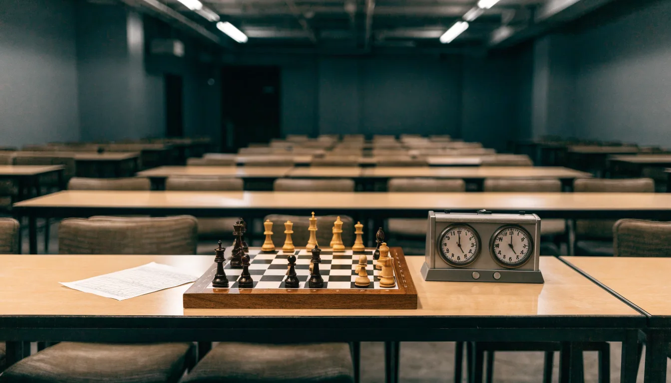 Ein Schachbrett und eine Schachuhr stehen auf einem Tisch in einem leeren Turniersaal, die Stühle sind ordentlich zurückgeschoben.