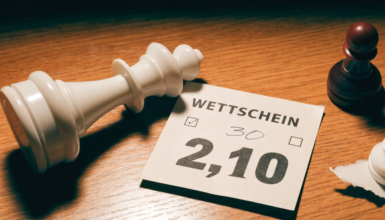 Ein leerer Wettschein aus Papier liegt neben einem umgekippten weißen Schachkönig auf einem Holztisch.