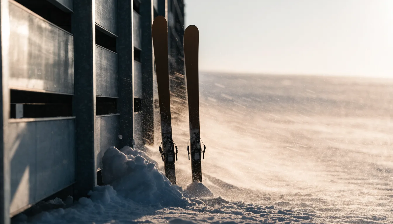 Ein Paar Skier steckt aufrecht im Schnee neben einem Anlaufturm, im Hintergrund wirbelt feiner Schnee im Wind.