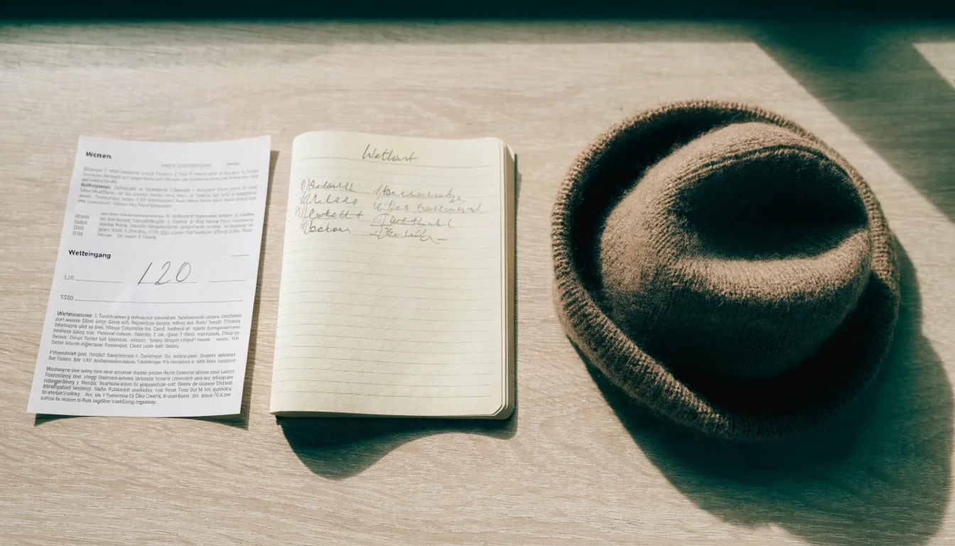 Ein leerer Wettschein aus Papier und ein Notizbuch liegen neben einer Wollmütze auf einem Holztisch.