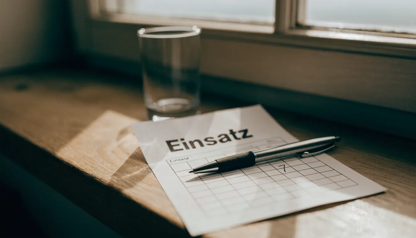 Ein leerer Wettschein aus Papier und ein Kugelschreiber liegen neben einem Glas Wasser auf einer Fensterbank.