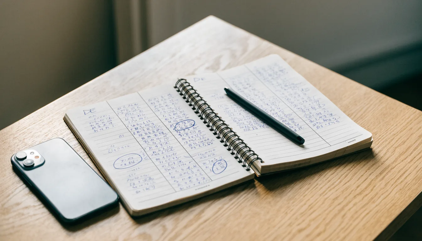 Ein aufgeschlagenes Notizbuch mit handschriftlichen Rechnungen liegt neben Stift und Smartphone auf einem Holztisch im Tageslicht.