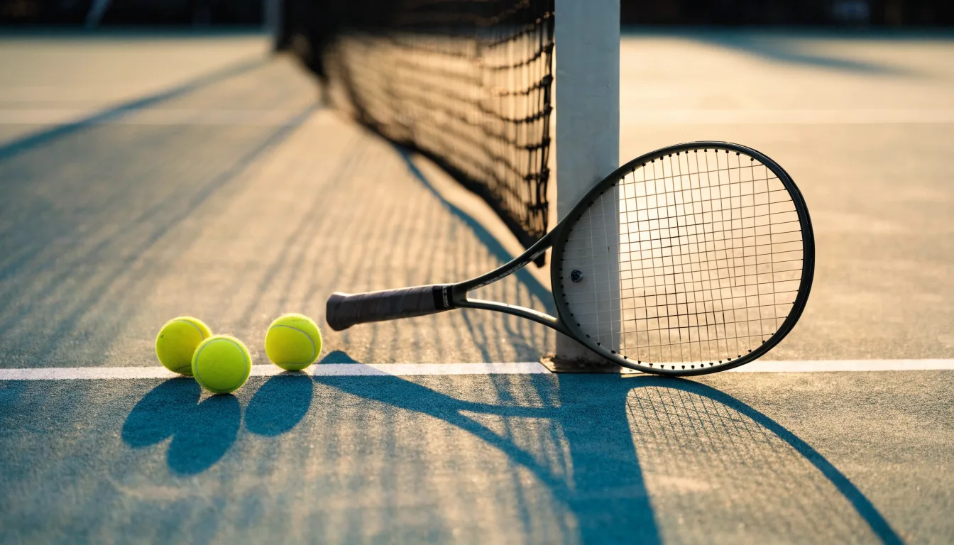 Ein Tennisschläger lehnt an einem Netzpfosten, daneben liegen drei Bälle auf einem Hartplatz in warmem Nachmittagslicht.