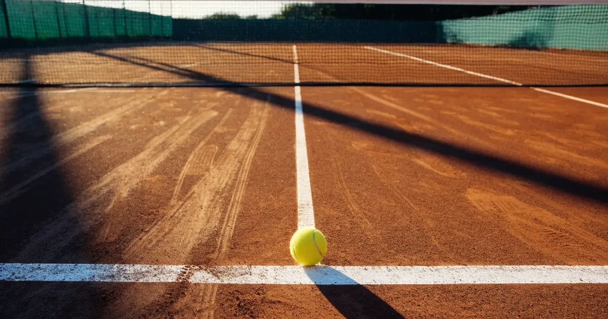 Ein Sandplatz am frühen Morgen mit frisch gezogenen Linien, einem Netz in der Mitte und einem gelben Ball auf der Grundlinie.