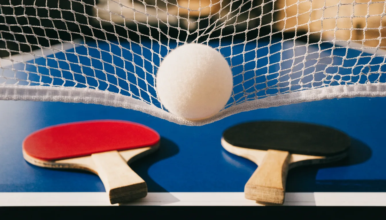 Ein weißer Ball liegt in Nahaufnahme auf der Netzkante einer Tischtennisplatte, daneben zwei Holzschläger mit rotem und schwarzem Belag.
