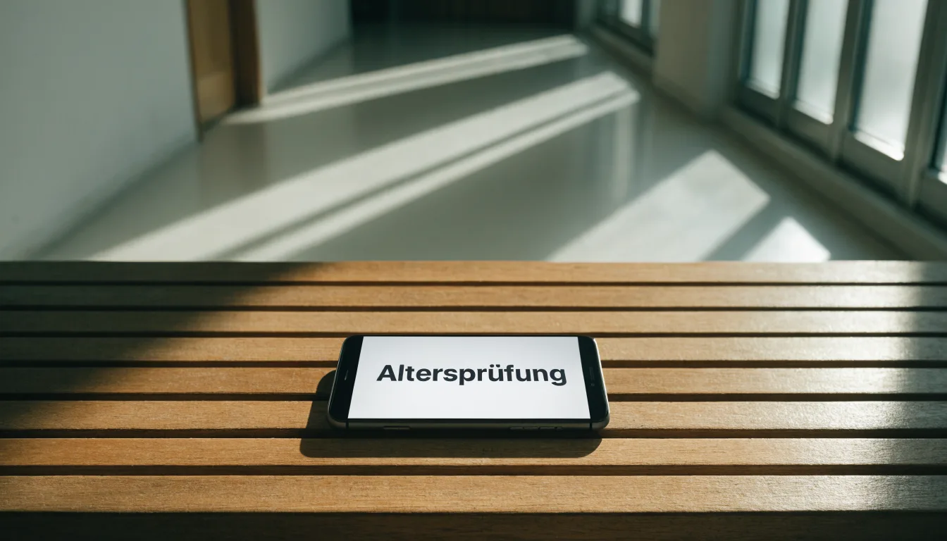 Ein heller Flur in einem Verwaltungsgebäude mit einer leeren Holzbank und einem Fenster, durch das Morgenlicht fällt.