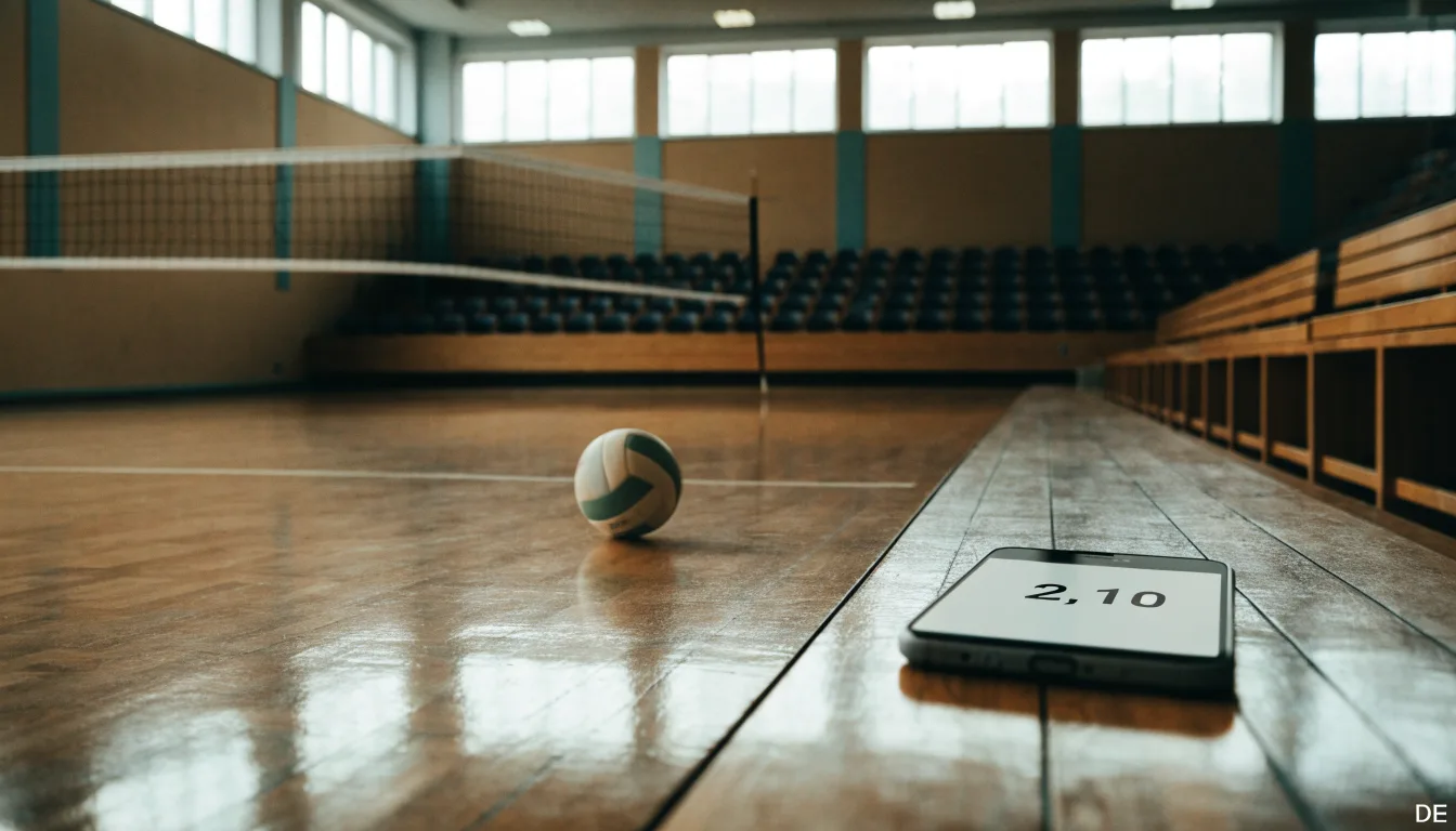 Eine leere Sporthalle mit gespanntem Volleyballnetz und glänzendem Parkett, durch hohe Fenster fällt Tageslicht.