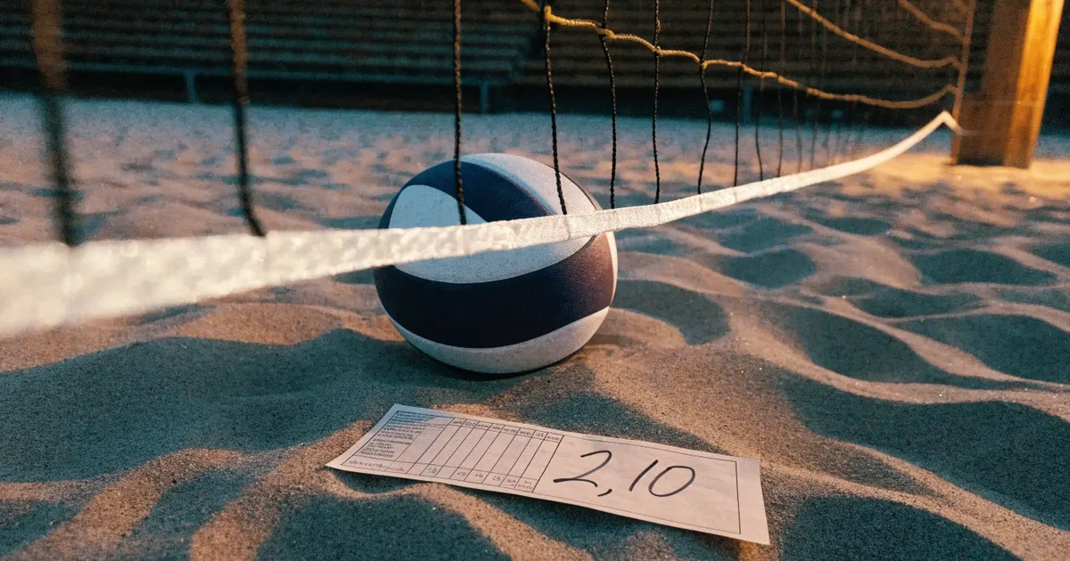 Ein Volleyball liegt auf dem Sand eines Beachvolleyball-Feldes neben dem gespannten Netz, im Hintergrund eine leere Tribüne bei Abendlicht.